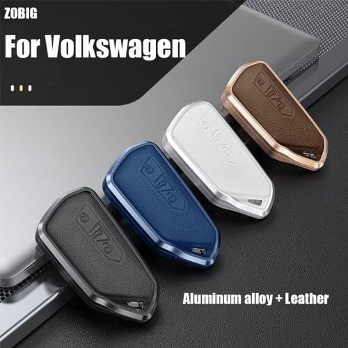 ZOBIG Aluminum alloy Leather Key Fob Cover Compatible with VW Golf 8 3 Button Car Key