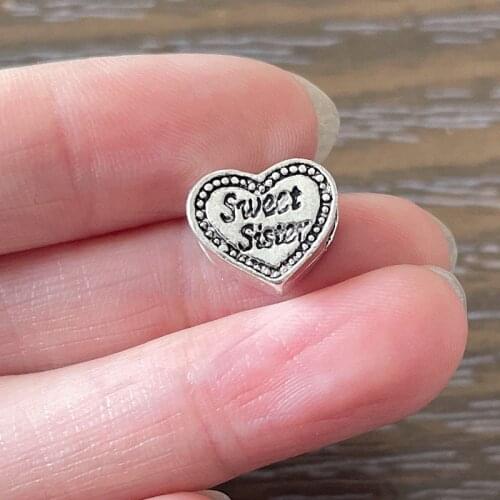 10pcs DIY Beads Zinc Alloy Both Side Big Hole Heart Shaped Sweet Sister Beads Fit European Women Bracelet Jewelry Making Pulsera