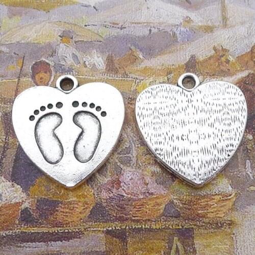 Newest 6Pcs 20*21mm Antique Silver Plated Alloy Baby Footprint Charms Heart Necklace Earrings Charms For DIY Jewelry Making