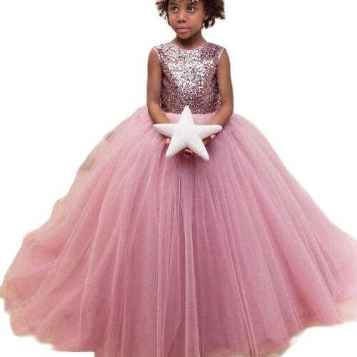 Ball Gown Salmon Kids Pageant Dress Sequined Prom Dresses with Bow for Girls Aged 5 6 7 8 9 10 11 Years
