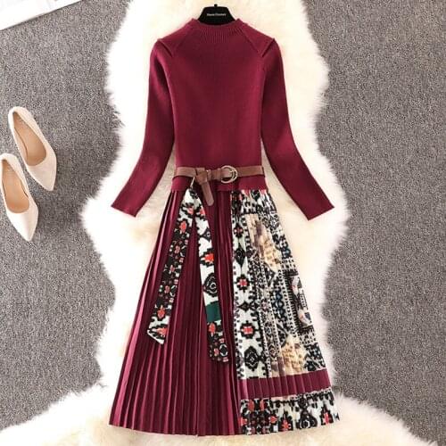 Elegant Knitted Patchwork Pleated Midi Dress 2020 Autumn Winter Fashion Women Long Sleeve Ethnic Retro Print Pleated Dress 40i