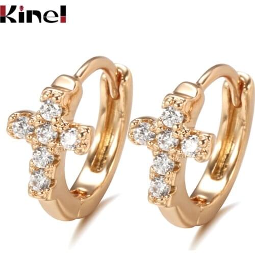 Kinel 585 Rose Gold Cross Stud Earrings for Women Classic Hip Hop Natural Zircon Hoop Earrings Fashion Charm Statement Jewelry