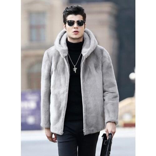 Hooded Autumn grey faux mink fur leather jacket mens winter thicken warm fur leather coat men loose jackets fashion B205