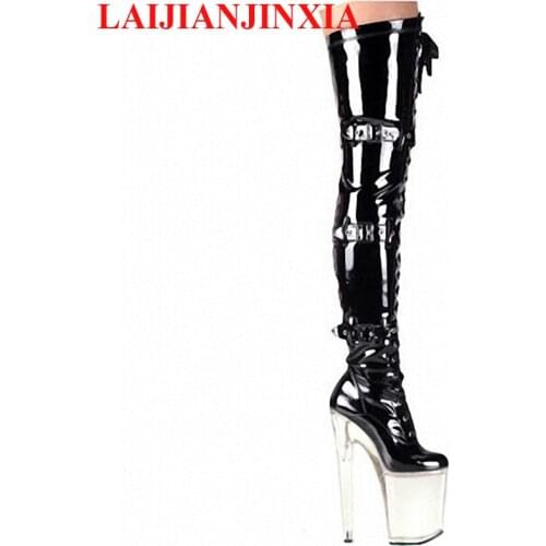 LAIJIANJINXIA Over The Knee Sexy Boots Soft PU Leather Thigh High Boots Sexy 20cm High Heel Shoes Platform Crystal Dance Shoes
