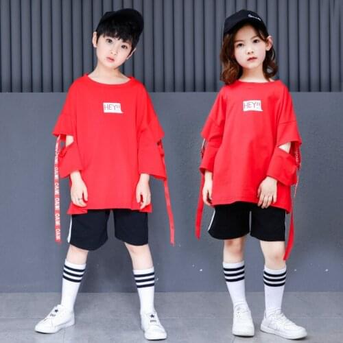 Summer Childrens Hip-hop Street Dance Costumes for Boys Girls Modern Dance Costume Stage Show Red Tops and Black Shorts