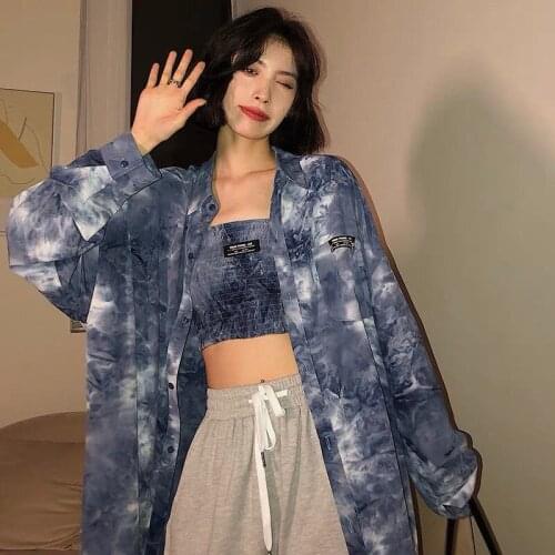 KoukiMa 2021 Summer Fashion Women Shirts Tie Dyed Long Sleeve Transparent Blouse Thin Shirt Female Tops Mujer