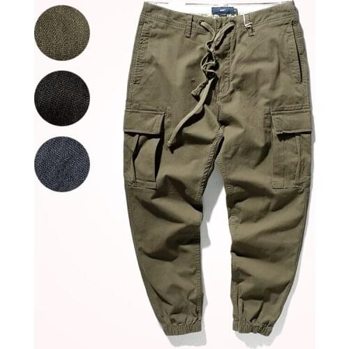 2021 Spring New Tooling Trousers Mens Fashion Drawstring Retro Military Wind Stretch Woven Loose Cargo Jogger Casual Pants