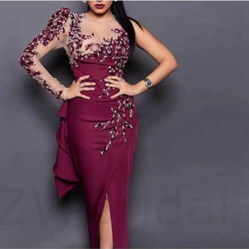 New Arrival High Neck Long sleeve Evening dress 2021 Purple Spandex Caftan Dubai Evening dresses Vestidos de fiesta abiye Gowns