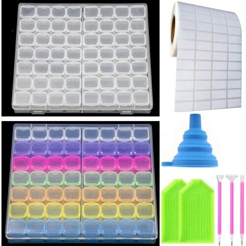 56/28 Cells Plastic Storage Box Stickers Funnel Sets for Diamond Painting Embroidery Accessories Tools Bead Case Container Box