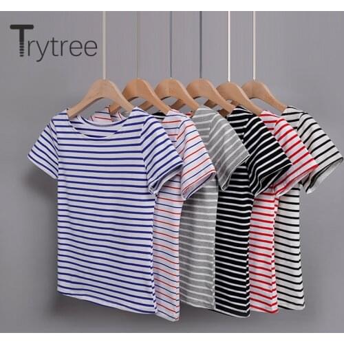 Trytree 2020 Spring Summer Women T-shirt Casual O-neck Stripe 6 Color Slim fit All-Purpose Style Fashion Short T-shirt Top