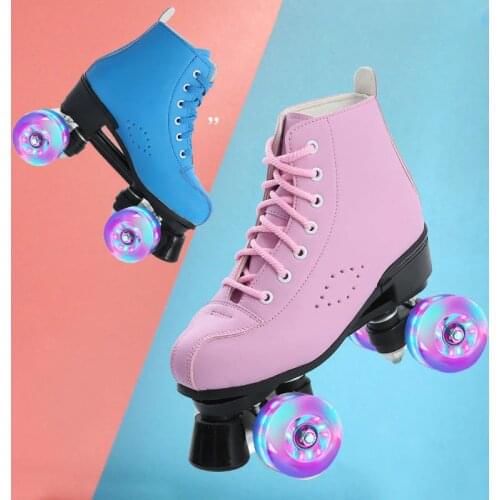 2020 New Microfiber Leather Roller Skates Man Woman Outdoor Skating Shoes 4-Wheel Patines Blue Pink 34-44 Europe Size
