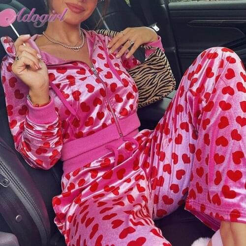 Fitness Heart Print Two Piece Set Casual Velvet Zipper Fly Hooded Jacket Coat Loose Legging Pants Autumn Outfit Street Tracksuit