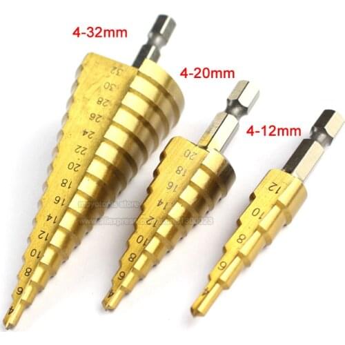 3pcs Hss Steel Titanium Step Drill Bits 4-12mm 4-20mm 4-32mm Stepped Cone Cutting Tools Woodworking Wood Metal Drilling Set