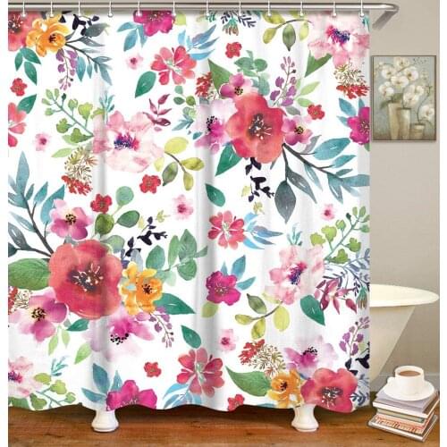 Shower curtain with floral pattern flowers fabric bathroom curtains set with hooks 180 x 180 cm machine washable