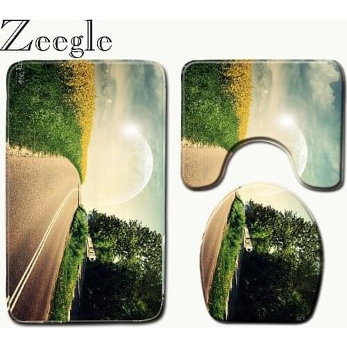 Zeegle Scenic Pattern Bathroom Mats and Rugs Toilet Mat 3pcs Set Microfiber Door Mats Washable and Absorbent Soft Shower Mat