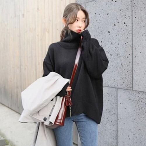 AECU Women Sweater Casual Loose Knitted Jumpers For Women Turtleneck Long Batwing Sleeve Crocheted Pullovers Streetwear Winter