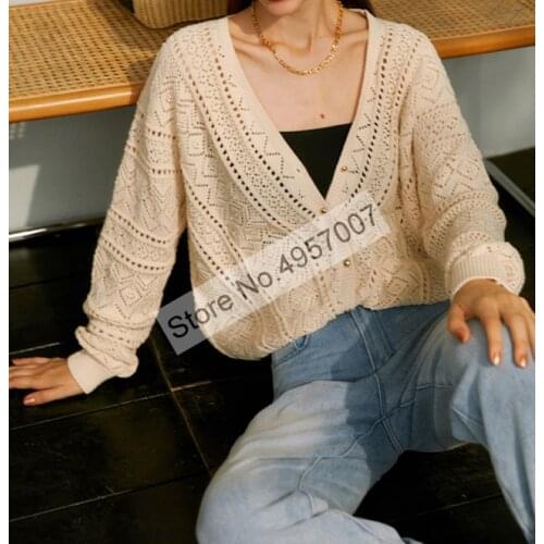 Ladies V Neckline Hollow Out Knitted Crochet Sweater Cardigan Jumper Top