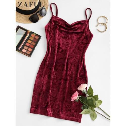 ZAFUL Cowl Front Velvet Mini Dress Women Spring Summer Spaghetti Strap Cami Dresses Sexy Party Night Club Bodycon Dress 2021