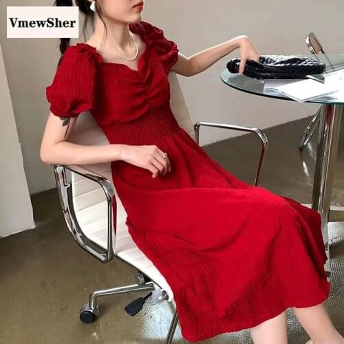 VmewSher New Summer Women Dress Puff Short Sleeve V Neck Elastic High Waist Lady Elegant Red Black Mid-calf Long Solid Dresses