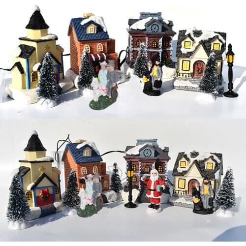 10Pcs/Set Christmas Santa Claus Snow House Tiny Scene Sets Luminous LED Light Up Xmas Tree Shop Village Decorations Figurines