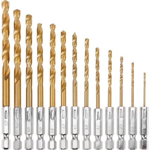 13pcs/lot HSS High Speed Steel Titanium Coated Drill Bit Set 1/4 Hex Shank 1.5-6.5mm Twist Drill bit