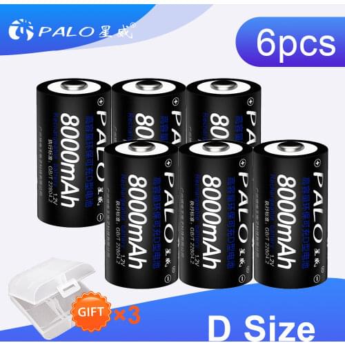 6Pcs*PALO 1.2V NI-MH 8000mAh D Size Batteries For Toy Car Flashlight batteries bateria D type NI-MH Battery High-capactiy