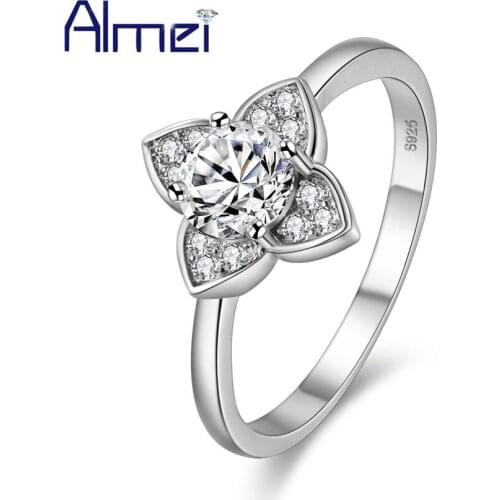 Almei 2017 Engagement Silver Color Rings for Women Female Flower Crystal Ring Jewelry Anillos Mujer Valentines Day Gift WX031