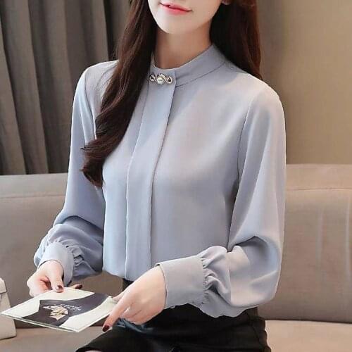 Elegant Long Sleeve Chiffon Blouses Women Spring Stand Collar Pearl Decor Office Lady Shirt Large Size Loose Lantern Sleeve Tops
