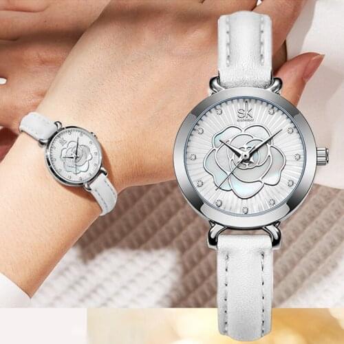 Fashion Womens Watches White Leather Band Casual Quartz Wristwatches Ladies Flower Dial Elegant Dress Bracelet Watches Women