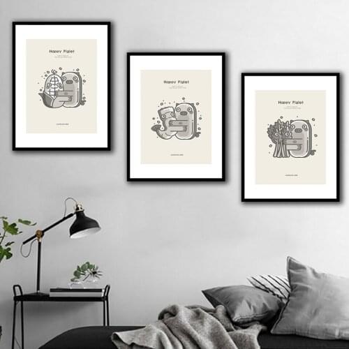 Black and white anime happy piglet 3p KIT Canvas Painting Modern Home Decoration Living Room Bedroom Wall Decor Picture
