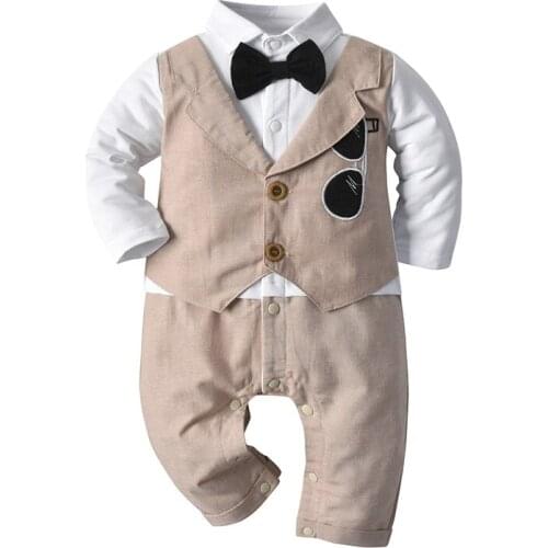 Spring Autumn Kids Bodysuits Fashion Baby Boys Fake Two Tie Long Sleeve Rompers Toddlers Handsome One-Pieces Boys Party Clothes