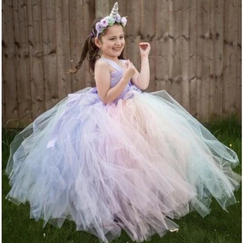 Girls Fluffy Pastel Unicorn Flower Tutu Dress Kids Crochet Tulle Strap Dress Ball Gown with Hairbow Children Party Costume Dress