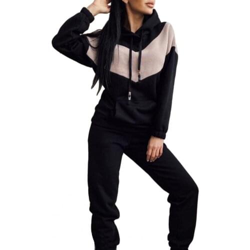 Elegant Solid Sports Sets For Women Hoodie Sweatshirts Pants Set Hooded Drawstring Female Contrast Color Sweatshirt Pocket Pants