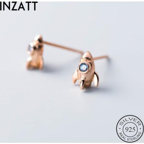 INZATT Real 925 Sterling Silver Punk Rocket Blue Zircon Stud Earrings For Trendy Women Rose Gold Color Fine Jewelry unique Gift