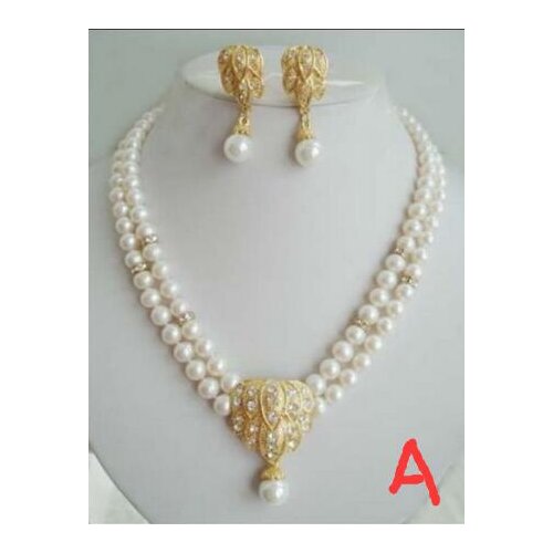 2row 8-9MM white/pink/black Freshwater pearl necklace shell pendant earring jewelry set