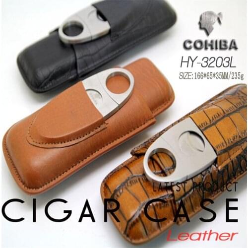 3 cigar) Cohiba Leather cigar humidors box with Stainless Steel cutter set Portable travel Cigar case port cuba spain Cuban