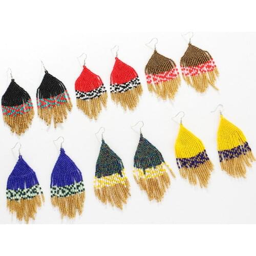 Colorful Boho Seed Beaded Fringe Tassel Earrings for Women Fashion Colour Blocking Long Earrings Boutique Jewelry Wholesale