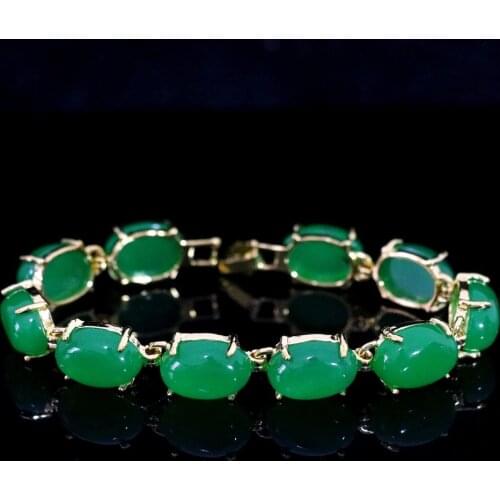 Fashion Semi-precious oval green chalcedony jades stone gold-color chain bracelet weddings anniversary hot jewelry 7.5"B1167