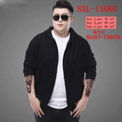 Large size 5XL 6XL 7XL 8XL autumn and winter mens fleece zipper hooded sweatshirt long sleeve black blue gray large size coat