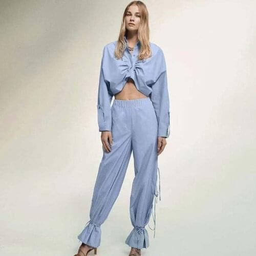 New Autumn Ladies Sets Long-sleeved Solid Color Adjustable Shirt + Pants Tie Design Sense Blue Sexy Woman Two-piece Suit WF53
