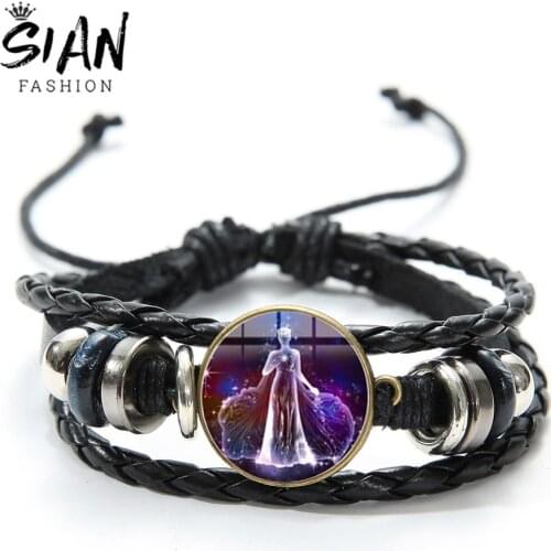 SIAN New 12 Constellation Leather Bracelet Zodiac Sign Astrology Glass High Quality Hand Knitted Casual Bracelets for Women Men