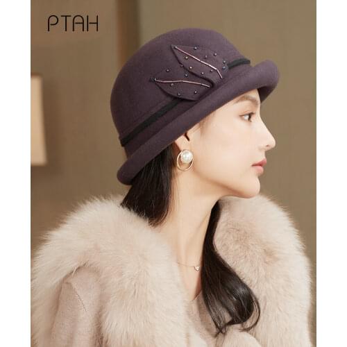 [PTAH] Fedora Hat For Women Temperament Elegant Church Autumn Winter Ladies Hats 100% Wool High Quality Top Hat Banquet Fedoras