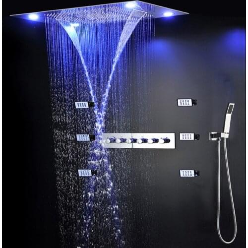 Luxury 600*800MM Embedded Ceiling LED Shower Set 3 Fuctions Shower Head With Thermostatic Mixer &Lateral body jets&Hand Shower