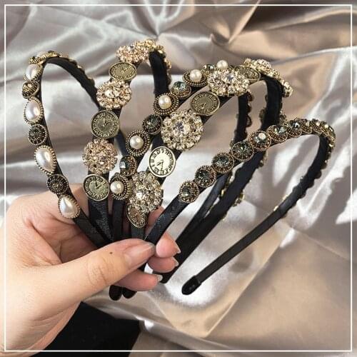 Ruoshui Woman Vintage Crystal Headband Baroque Hairband Retro Pearl Bezel Jewelry Hair Band Lady Hair Accessories Headwear