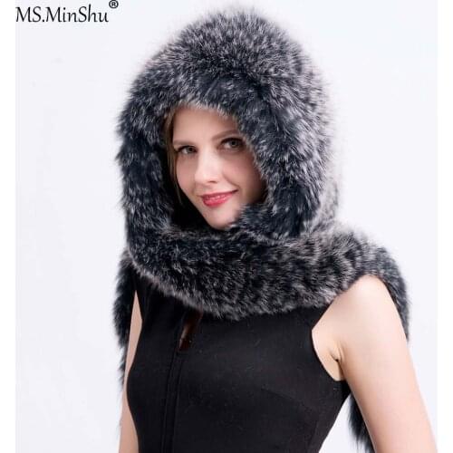 MS.MinShu Fox Fur Hat with Scarf Hand Knitted Real Fox Fur Scarf Hat Fashion Winter Women Hat Fluffy Fur Cap Thick Fur Hat