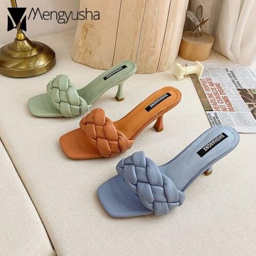 Famous brand leather knitted slippers women summer high heels flip flops ladies candy color party dress shoes braid slides mules
