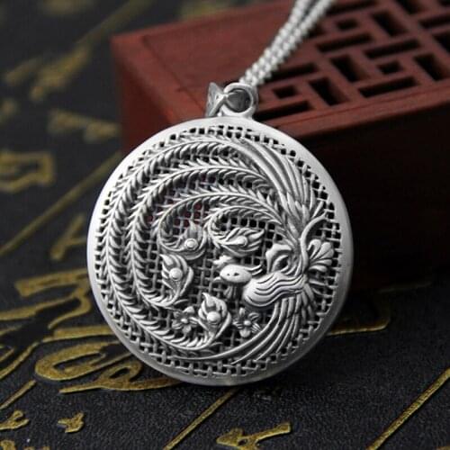 Thai silver Phoenix Round Pendant Man Women Real S990 Sterling Silver Pendant Chinese Style Phoenix design Pendant Jewelry Gifts