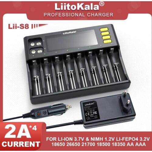 LiitoKala Lii-S8 LCD Battery Charger Li-ion 3.7V NiMH 1.2V Li-FePO4 3.2V IMR 3.8V for 18650 26650 21700 26700 18350 AA AAA 9V