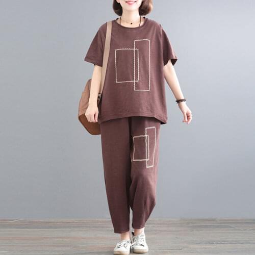 2 Piece Sets Womens Outfits 2020 Summer Short Sleeve Cotton Loose Crop Tops and Causal Pants Two Piece Sets Plus Size 5XL W221