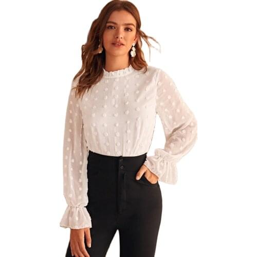 Spring Ladies Chiffon Long Series Sleeve Office Casual Style Round Neck Pullover Solild Color Loose Trumpet Big Size Women Top